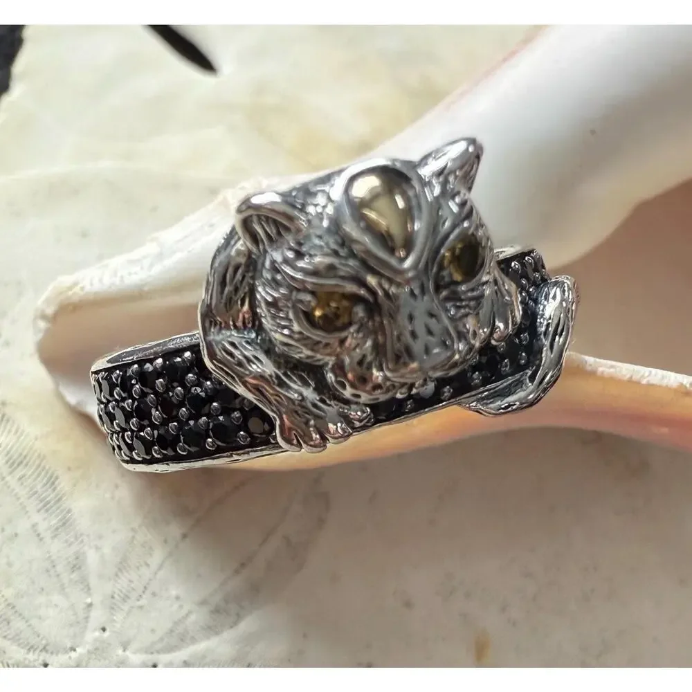 John Hardy Silver Leopard Cat Ring with Citrine Eyes and Black Diamonds - Picture 4 of 7